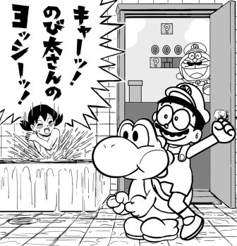 1girl 3boys bath bathing bathroom bathtub blush boots child closed_eyes clothed_male_nude_female corocoro cosplay covering_breasts covering_privates dinosaur doraemon doraemon_(character) embarrassed facial_hair glasses greyscale hat heart indoors kyaaa!_nobita-san,_you_(meme) loli luigi mario mario_(series) minamoto_shizuka monochrome multiple_boys mustache nintendo nobi_nobita nude overalls parody pun sakkan shin-ei_animation smile splashing throwing_water too_literal translated twintails walk-in water wet yoshi