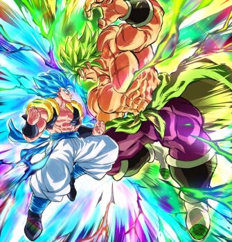 2boys abs aura battle black_vest blue_eyes blue_hair blue_sash broly_(dragon_ball_super) clenched_hands closed_eyes cropped_vest dragon_ball dragon_ball_super dragon_ball_super_broly full_body gogeta green_hair highres legendary_super_saiyan male_focus medium_hair metamoran_vest multiple_boys muscular muscular_male no_pupils no_shirt open_clothes open_mouth open_vest pants profile purple_pants rz28kp sash scar scar_on_chest scar_on_face spiked_hair super_saiyan super_saiyan_blue topless_male vest white_pants