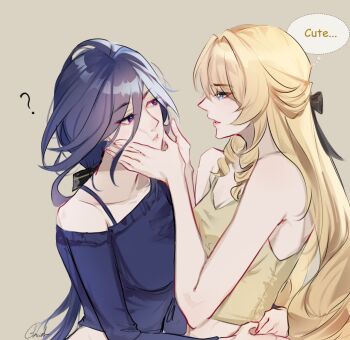 2girls ? arms_around_waist bare_arms bare_shoulders black_ribbon blonde_hair blue_eyes breasts brown_background camisole cheek_squash cleavage clorinde_(genshin_impact) closed_mouth commentary drill english_commentary genshin_impact glaciel hair_ribbon hands_on_another's_face long_hair looking_at_another medium_breasts multiple_girls navia_(genshin_impact) off-shoulder_shirt off_shoulder purple_eyes purple_hair purple_shirt ribbon shirt signature simple_background upper_body yellow_camisole yuri