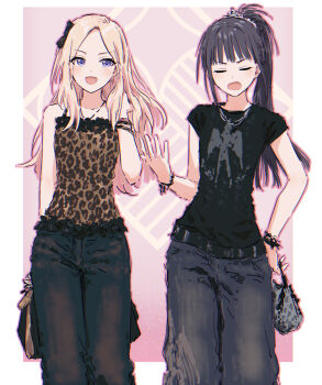 2girls :d amaya_tsubame animal_print bag bare_shoulders black_hair black_pants black_shirt blonde_hair blunt_bangs border brown_camisole camisole commentary cowboy_shot gakuen_idolmaster grey_bag hand_in_own_hair high_ponytail highres holding holding_bag idolmaster juo_sena leopard_print long_hair multiple_girls open_mouth outside_border pants parted_bangs pink_background ponytail print_camisole purple_eyes shirt short_sleeves smile t-shirt v-shaped_eyebrows white_border yukitake_(bullfalk)