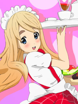 1girl alternate_costume blonde_hair blue_eyes blush bushy_eyebrows cup dot_nose feet_out_of_frame female_focus food hair_between_eyes holding k-on! kotobuki_tsumugi long_hair looking_at_viewer maid maid_headdress open_mouth redcomet short_sleeves solo standing teeth thick_eyebrows