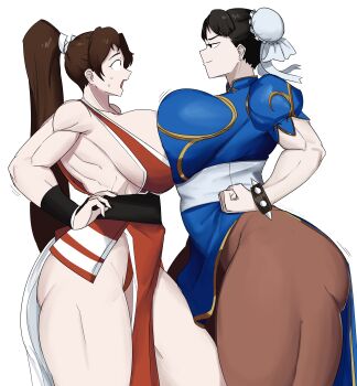 2girls absurdres akiman_pose bracelet breast_press breasts capcom chun-li double_bun earrings fatal_fury female_focus gus_(emmarrgus) hair_bun hand_on_own_hip height_difference highres huge_breasts jewelry long_hair looking_at_another multiple_girls muscular muscular_female ponytail shiranui_mai short_hair sideboob snk street_fighter symmetrical_docking tall_female the_king_of_fighters thick_thighs thighs