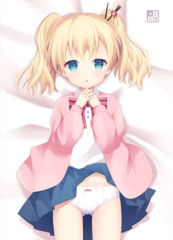 Rule 34 | 1girl, :o, alice cartelet, artist logo, bed, bed sheet, birthday, blonde hair, blue eyes, blue skirt, bow, bow panties, bowtie, cardigan, clothes lift, collared shirt, commentary request, hair between eyes, hair ornament, hands on own chin, hands up, happy birthday, highres, kin-iro mosaic, kurasawa kyoushou, logo, long hair, long sleeves, looking at viewer, lying, miniskirt, on back, on bed, open cardigan, open clothes, open mouth, own hands together, panties, parted lips, pink cardigan, pleated skirt, school uniform, shirt, sidelocks, skirt, skirt lift, sleeves past wrists, solo, thigh gap, twintails, underwear, white panties, white shirt