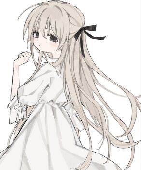 1girl black_ribbon blush brown_eyes closed_mouth commentary_request dress grey_hair hair_ribbon hand_up highres juumou_(c5buf) kasugano_sora long_hair long_sleeves ribbon simple_background solo white_background white_dress yosuga_no_sora