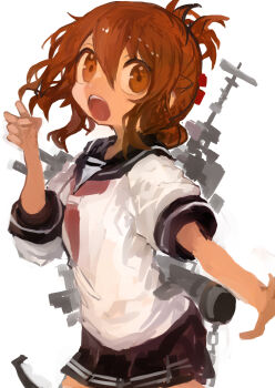 1girl absurdres black_sailor_collar black_skirt brown_eyes brown_hair commentary folded_ponytail hair_between_eyes highres inazuma_(kancolle) kaamin_(mariarose753) kantai_collection looking_at_viewer neckerchief open_mouth pleated_skirt red_neckerchief rigging sailor_collar school_uniform serafuku simple_background skirt solo teeth upper_teeth_only white_background