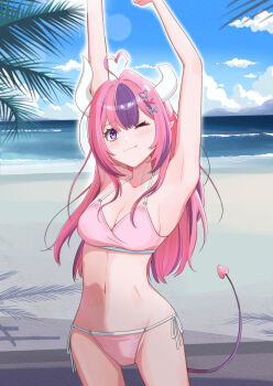 1girl ahoge asymmetrical_horns beach bikini blue_sky blush breasts closed_mouth cloud cloudy_sky collarbone day demon_horns demon_tail fangs hair_ornament hairclip heart heart_ahoge heart_hair_ornament highres horns ironmouse long_hair multicolored_hair namazu02_tky navel ocean one_eye_closed outdoors palm_tree pink_bikini pink_eyes pink_hair pink_tail purple_hair sand side-tie_bikini_bottom sky smile solo stomach streaked_hair swimsuit tail thighs tree two-tone_hair virtual_youtuber vshojo white_horns