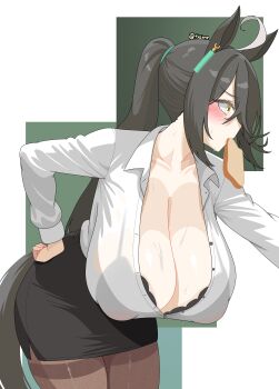 1girl absurdres ahoge alternate_breast_size_(larger) alternate_hairstyle animal_ears artist_name black_bra black_hair black_skirt blush bra bra_visible_through_clothes bread bread_slice breasts brown_pantyhose cleavage collarbone collared_shirt ear_ornament ear_tag earrings food food_in_mouth hand_on_own_hip hanging_breasts highres horse_ears horse_girl horse_tail huge_breasts jewelry leaning_forward long_bangs long_hair long_sleeves manhattan_cafe_(umamusume) mouth_hold multicolored_hair office_lady pantyhose pencil_skirt ponytail shirt shirt_tucked_in single_earring skirt solo sweat tail thighband_pantyhose toast toast_in_mouth twitter_username txlyre umamusume underwear very_long_hair white_hair white_shirt yellow_eyes