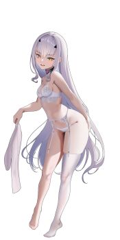 1girl absurdres bare_shoulders blush bra breasts choker commentary_request fate/grand_order fate_(series) forked_eyebrows full_body garter_belt highres long_hair looking_at_viewer melusine_(fate) mishiro_(ixtlolton) navel open_mouth panties sidelocks simple_background small_breasts smile solo thighhighs underwear white_background white_bra white_hair white_panties white_thighhighs yellow_eyes