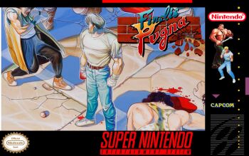 Rule 34 | 1990s (style), blonde hair, blood, blood splatter, blue jeans, capcom, cody travers, fighting, fighting stance, final fight, game console, highres, hugo andore, industrial pipe, j (final fight), latin text, male focus, mike haggar, muscular, muscular male, retro artstyle, shirt, shirtless male, super nintendo, third-party edit, white shirt