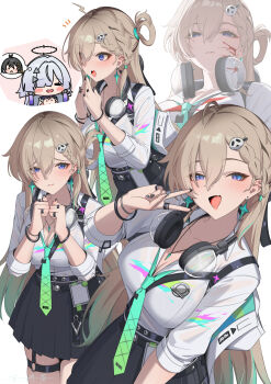 Rule 34 | 1girl, aqua necktie, black nails, black skirt, blonde hair, blood, blood on face, blush, braid, braided bangs, breasts, cleavage, closed mouth, earrings, female rover (wuthering waves), fingernails, gradient hair, hair between eyes, hair ornament, hands up, headphones, headphones around neck, highres, id card, jacket, jewelry, long hair, lynae (wuthering waves), meda, medium breasts, mornye (wuthering waves), multicolored hair, multiple views, nail polish, necktie, open mouth, purple eyes, rover (wuthering waves), shirt, skirt, skull hair ornament, smile, star (symbol), star earrings, white jacket, white shirt, wuthering waves