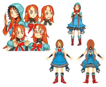 Rule 34 | 1girl, blue dress, bow, bowtie, choker, concept art, dorothy gale, dorothy gale (riz-zoawd), dress, female focus, happy, high heels, hood, hoodie, long hair, long skirt, media.vision, multiple expressions, official art, red bow, red bowtie, red eyes, red hair, red shoes, riz-zoawd, shoes, skirt, smile, smiley face, t-pose, the wizard of oz, white background