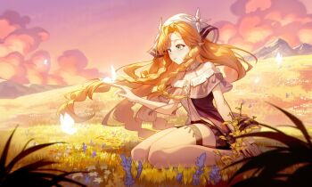 1girl bare_shoulders black_shorts bug butterfly commentary_request evening grass highres insect jacket jiangshuai_mengenze long_hair navel no_gloves on_ground orange_hair orange_sky outdoors parted_lips pointy_ears purple_jacket shorts sidelocks sigrika_(wuthering_waves) sitting sky solo veil white_jacket white_veil wuthering_waves