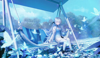 1girl absurdres blue_dress blue_eyes blue_flower blue_theme bug butterfly cloud cushion dress field flower flower_field gradient_clothes gradient_dress hair_flower hair_ornament hair_over_one_eye highres insect isekaijoucho juliet_sleeves kamitsubaki_studio landscape long_hair long_sleeves puffy_sleeves revision scenery sky solo swing_set transparent_butterfly tree two-tone_dress virtual_youtuber white_dress white_flower white_hair xixic-owo