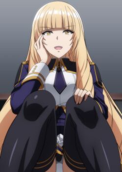 Rule 34 | 1girl, black thighhighs, blonde hair, blue corset, blue necktie, blunt bangs, breasts, corset, drill hair, hand on own cheek, hand on own face, hand on own knee, highres, kage no jitsuryokusha ni naritakute!, long hair, makiri akira, midgar academy school uniform, necktie, open mouth, panties, pantyshot, rose oriana, school uniform, short necktie, sitting, skirt, smile, solo, thighhighs, tongue, underwear, white panties, white skirt, yellow eyes