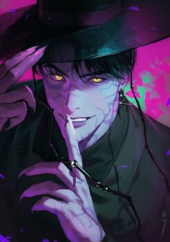 Rule 34 | 1boy, absurdres, adjusting clothes, adjusting headwear, an kyoung, black hair, black hat, black robe, commentary, demon boy, earrings, english commentary, facial mark, fangs, finger to mouth, fingernails, hair between eyes, hat, highres, jewelry, jinu (kpop demon hunters), kpop demon hunters, long fingernails, looking at viewer, male focus, parted lips, robe, sharp fingernails, short hair, slit pupils, smile, solo, sparkle, wide brim, yellow eyes