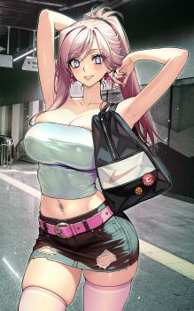 Rule 34 | 1girl, absurdres, alternate costume, armpits, arms up, bare arms, bare shoulders, black bag, black skirt, blush, breasts, cowboy shot, fate/grand order, fate (series), highres, large breasts, looking at viewer, miniskirt, miyamoto musashi (fate), navel, navel piercing, parted lips, piercing, pink hair, pink thighhighs, purple eyes, rioliogiz, skirt, smile, solo, standing, thighhighs, thighs