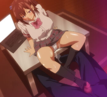 Rule 34 | 1boy, 1girl, anime screenshot, black socks, blurry, blurry background, bow, bowtie, breasts, censored, character request, collared shirt, computer, dutch angle, footjob, footjob with legwear, hair between eyes, half-closed eyes, head tilt, indoors, kneehighs, laptop, large breasts, looking at another, medium hair, miniskirt, mosaic censoring, on table, panties, pants, pleated skirt, pussy juice, shirt, shirt tucked in, short sleeves, short twintails, sidelocks, sitting, sitting on table, skirt, smile, smirk, socks, spread legs, sweat, t-rex (animation studio), table, takeda hiromitsu, twintails, underwear, white panties, white shirt