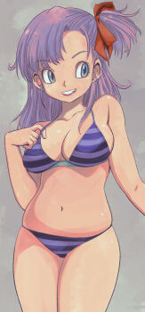 Rule 34 | 1girl, bikini, blue eyes, breasts, bulma, cleavage, collarbone, dragon ball, dragon ball (classic), grey background, grin, hair ribbon, highres, large breasts, long hair, looking to the side, muramasa mikado, navel, plump, ponytail, purple bikini, purple hair, red ribbon, ribbon, side ponytail, smile, standing, striped bikini, striped clothes, swimsuit, teeth