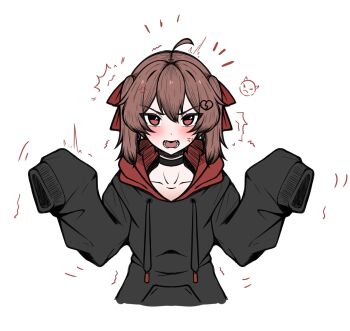 Rule 34 | 109kpm, 1girl, ahoge, anger vein, black choker, black hoodie, blush, broken heart, broken heart hair ornament, brown hair, choker, cropped torso, evil neuro-sama, hair between eyes, hair ribbon, hashtag-only commentary, heart, highres, hood, hoodie, long hair, long sleeves, looking at viewer, neuro-sama, open mouth, red eyes, red ribbon, ribbon, simple background, sleeves past fingers, sleeves past wrists, solo, straight-on, upper body, vedal ai, virtual youtuber, white background