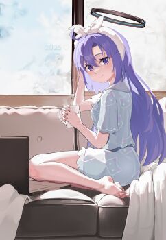 1girl 2025 absurdres animal_print barefoot blue_archive bow bow_hairband cat_print commentary_request computer couch cup glass_writing hairband halo heart highres holding holding_cup indoors laptop long_hair looking_at_viewer mug official_alternate_costume on_couch pajamas purple_eyes purple_hair red_pupils short_sleeves sitting smile snow solo toenails twitter_username white_bow white_hairband yi_lucid yokozuwari yuuka_(blue_archive) yuuka_(pajamas)_(blue_archive)