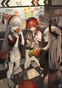 3girls alternate_costume apron arknights black_shoes black_skirt breasts checkered_floor chicken_(food) closed_eyes clothing_cutout commentary_request drink eating facing_viewer food fried_chicken grey_hair grey_socks hairband hemorina highres holding holding_drink holding_food holding_plate horns large_breasts lettuce long_hair mudrock_(arknights) multiple_girls neon_sign plate pointy_ears radio red_eyes red_hair red_hairband red_shirt red_socks red_wrist_cuffs shirt shoes shorts shoulder_cutout signature skirt socks t-shirt trait_connection vigna_(arknights) waist_apron warfarin_(arknights) white_apron white_shirt wrist_cuffs