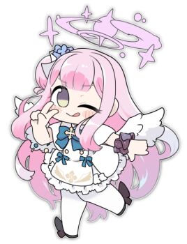 1girl ;q black_shoes blue_archive blue_bow blue_flower blush_stickers bow brown_eyes capelet closed_mouth dress flower full_body hair_bun hair_flower hair_ornament halo hand_up knees_together_feet_apart long_hair looking_at_viewer mika_(blue_archive) miranofuudoria one_eye_closed pantyhose pink_hair shoes simple_background single_side_bun smile solo standing standing_on_one_leg tongue tongue_out v very_long_hair white_background white_capelet white_dress white_pantyhose white_wings wings