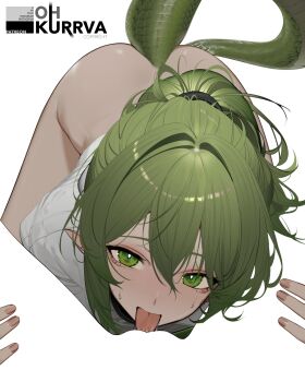 Rule 34 | 2girls, arknights, arknights: endfield, artist name, bottomless, commentary, cunnilingus, english commentary, female pov, fluorite (arknights), green eyes, green hair, highres, jacket, long hair, looking at viewer, meme, multiple girls, negative space, negative space cunnilingus (meme), ohkurrva, oral, pointy ears, ponytail, pov, saliva, simple background, snake tail, sweat, tail, tongue, tongue out, white background, white jacket, yuri