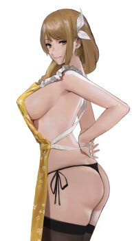 1girl absurdres apron ass ass_focus backless_outfit black_panties braid breasts brown_eyes brown_hair butt_crack earrings female_focus fire_emblem fire_emblem_engage floral_print goldmary_(fire_emblem) hair_ribbon highres j@ck jewelry large_breasts long_hair looking_at_viewer matching_hair/eyes nearly_naked_apron nintendo panties ribbon side-tie_panties sideboob smile solo thighhighs thighs thong tying_apron underwear upper_body white_ribbon