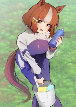 1girl absurdres animal_ears belno_light_(umamusume) blush bottle bow breasts brown_hair bucket commentary_request ear_ribbon gorioshi0802 hair_ornament highres holding holding_bottle holding_bucket horse_ears horse_girl horse_tail jacket kasamatsu_tracen_training_uniform large_breasts letter_hair_ornament long_sleeves looking_at_viewer multicolored_hair multicolored_jacket open_mouth pants purple_jacket purple_pants purple_track_suit short_hair smile tail track_jacket track_pants track_suit two-tone_hair two-tone_jacket umamusume umamusume:_cinderella_gray water_bottle white_hair