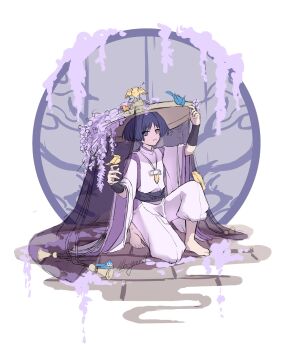 Rule 34 | 1boy, animal, animal on head, armor, artist name, barefoot, bell, bird, bird on hand, bird on head, bird on knee, black bow, black hair, black sash, blue bird, blunt ends, bow, bright pupils, brown hat, clothing cutout, commentary request, feathers, flower, full body, genshin impact, gold bell, guyuqiuhen1, hands up, hat, highres, ichimegasa, japanese armor, japanese clothes, kariginu, kimono, kote, kurokote, layered sleeves, long sleeves, looking at viewer, male focus, mandarin collar, musical note, on head, on one knee, open mouth, orange bird, pants, parted bangs, pelvic curtain, pom pom (clothes), purple eyes, purple kimono, purple sleeves, purple veil, sash, scaramouche (genshin impact), scaramouche (kabukimono) (genshin impact), see-through clothes, see-through veil, side cutout, signature, sketch, solo, string, tsurime, veil, white mouth, white pants, white pupils, white sleeves, wide sleeves, wispy bangs, wisteria, yellow bird, yellow feathers