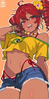 1girl ahoge bikini brazilian_flag breasts crop_top dark_skin denim denim_shorts drill_hair high-waist_bikini highres kasane_teto long_hair navel open_fly open_mouth orange_background red_bikini red_eyes red_hair shorts side-tie_bikini_bottom small_breasts solo stomach swimsuit tan tanline teeth twin_drills upper_teeth_only vocaloid xel4