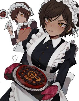 1girl apron bag black_dress breasts brown_hair commentary_request dante_(limbus_company) dark-skinned_female dark_skin dress earrings food frilled_apron frills fruit gloves highres holding jewelry korean_commentary large_breasts light_blush limbus_company long_sleeves maid maid_apron maid_headdress outis_(project_moon) paper_bag pie project_moon short_hair simple_background smile yellow_eyes yippee