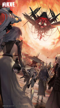 5girls android bandaged_head bandages black_bodysuit black_dress blonde_hair bodysuit breasts cloud cloudy_sky day dress from_behind goddess_of_victory:_nikke gourd grey_hair highres large_breasts long_hair long_sleeves looking_at_another mechanical_arms modernia_(nikke) modernia_(second_affection)_(nikke) multiple_girls nayuta_(nikke) official_art outdoors rapture_queen_(nikke) rapunzel_(nikke) rubble scarlet_(nikke) sideboob single_mechanical_arm skirt sky standing white_hair white_skirt