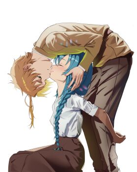1boy 1girl absurdres bent_over black_pants black_skirt blonde_hair blue_hair braid brown_shirt closed_eyes closed_mouth collared_shirt commentary_request from_side grabbing_another&#039;s_head grabbing_from_behind green_eyes hetero highres kaoru_puripuri kiss long_braid long_hair mushoku_tensei pants pencil_skirt ponytail profile roxy_migurdia rudeus_greyrat shirt simple_background sitting skirt twin_braids white_background white_shirt