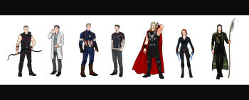 Rule 34 | 1girl, 6+boys, absurdres, arm up, armor, arrow (projectile), avengers (series), bare shoulders, beard, belt, black-framed eyewear, black belt, black bodysuit, black border, black footwear, black gloves, black hair, black pants, black shirt, black widow, blonde hair, blue bodysuit, blue eyes, blue shirt, bodysuit, boots, border, bow (weapon), brothers, brown belt, brown eyes, brown footwear, brown gloves, brown hair, bruce banner, buttons, cape, captain america, clenched hands, clint barton, closed mouth, collared shirt, facial hair, fingerless gloves, full body, glasses, gloves, green cape, green eyes, grey hair, grey pants, gun, hand on own hip, hand up, handgun, hands in pockets, hawkeye (marvel), highres, holding, holding bow (weapon), holding gun, holding scepter, holding weapon, lapels, layered sleeves, loki (marvel), long hair, long sleeves, looking at viewer, marvel, marvel, medium hair, mjolnir (marvel), mochishio, multiple boys, natasha romanoff, open clothes, open robe, pants, plaid clothes, plaid shirt, pocket, red cape, red hair, robe, scepter, shirt, shoes, short hair, short over long sleeves, short sleeves, siblings, simple background, sleeveless, sleeveless shirt, smile, standing, star (symbol), steve rogers, superhero costume, the avengers (2012), thor (marvel), tony stark, vertical-striped bodysuit, weapon, white background, white robe, wristband