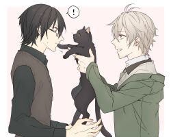 Rule 34 | !, 2boys, animal, black-framed eyewear, black cat, black shirt, brown eyes, brown sweater vest, cat, closed mouth, commentary request, earrings, faust134, glasses, green jacket, grey hair, grey sweater, grin, hair between eyes, holding, holding animal, holding cat, ishihara usumi, jacket, jewelry, kisaragi ren (mahjong soul), long bangs, long sleeves, looking at another, mahjong soul, male focus, multiple boys, pink background, profile, shirt, short hair, smile, spoken exclamation mark, sweater, sweater vest, upper body