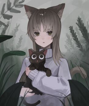 1girl animal animal_ear_fluff animal_ears brown_eyes brown_hair cat cat_ears cat_girl cat_tail commentary english_commentary flat_chest grass highres holding holding_animal holding_cat looking_at_viewer medium_hair open_mouth original purple_sweater solo sweater tail tall_grass turtleneck turtleneck_sweater yorui596