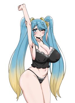1girl absurdres arm_behind_head arms_up black_panties blue_eyes blue_hair blush bra bralette breasts cleavage covered_erect_nipples hair_ornament highres hiivenn huge_breasts lace lace-trimmed_bra lace_trim league_of_legends long_hair multicolored_hair navel one_eye_closed panties solo sona_(league_of_legends) twintails underwear very_long_hair