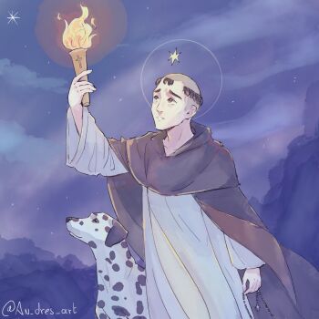 1boy an_dres_art black_cape cape christian_mythology cross dalmatian dog dominic_de_guzman highres latin_cross looking_up mountainous_horizon night outdoors priest robe rosary sky star_(sky) star_(symbol) starry_sky tonsure torch white_robe wide_sleeves