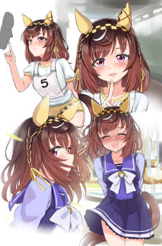 1girl 1other absurdres animal_ears blush bow bowtie braid breasts brown_hair buena_vista_(umamusume) buruma checkered_hairband closed_eyes closed_mouth collarbone commentary_request ear_covers finger_to_another&#039;s_mouth hair_between_eyes hair_ornament hairband headband highres horse_ears horse_girl horse_tail long_sleeves medium_hair open_mouth purple_eyes purple_sailor_collar purple_serafuku purple_shirt purple_skirt race_bib sailor_collar sailor_shirt school_uniform serafuku shirt short_sleeves skirt smile tail tracen_school_uniform umamusume unname white_bow white_bowtie white_shirt yellow_buruma