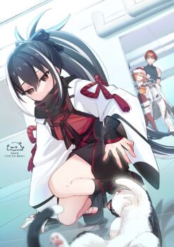 1boy 2girls animal armband belt black_hair black_ribbon black_scarf black_shirt black_shoes black_shorts black_socks box brown_eyes cat closed_eyes commentary_request fate/grand_order fate_(series) fujimaru_ritsuka_(female) gift hair_ribbon haori harada_sanosuke_(fate) hat highres holding holding_gift japanese_clothes kawakami_gensai_(fate) kawakami_gensai_(first_ascension)_(fate) long_hair multicolored_hair multiple_girls multiple_scars open_mouth orange_hair pom_pom_(clothes) ponytail red_ribbon red_thighhighs ribbon santa_costume santa_hat scar scar_on_arm scarf shirt shoes short_hair shorts sleeveless sleeveless_shirt smile socks standing streaked_hair thighhighs two-tone_hair uninu white_hair white_haori