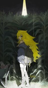 1girl abduction asymmetrical_legwear backpack bag black_eyes blonde_hair boots braid corn_field cow field full_body grass grey_boots grey_thighhighs highres long_hair looking_back mouth_hold mumukyabi night original outdoors shadow side_braids signature solo standing thighhighs tractor_beam twitter_username uneven_legwear very_long_hair wheelbarrow whistle