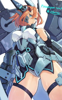 1girl aqua_eyes bare_shoulders breasts commission cosmic_break cosmic_break_2 gauntlets headgear highres huge_weapon lc_butter leotard mecha_musume mechanical_arms medium_breasts orange_hair short_hair silva_(cosmic_break) weapon