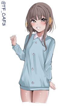 1girl absurdres alternate_costume blue_shirt blush bow brown_eyes brown_hair contrast_collar cowboy_shot cropped_legs hair_bow hair_ribbon hashtag-only_commentary highres kantai_collection long_sidelocks long_sleeves looking_at_viewer one-hour_drawing_challenge open_mouth orange_bow orange_ribbon ribbon shirt sidelocks simple_background solo standing tf_cafe thighs twitter_username ukuru_(kancolle) white_background