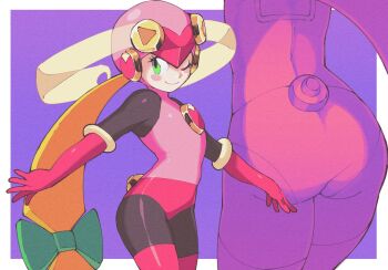 1girl ass ass_focus blonde_hair blush bodysuit capcom elbow_gloves gloves green_eyes hair_ornament helmet inkerton-kun long_hair mega_man_(series) mega_man_battle_network mega_man_battle_network_(series) one_eye_closed petite purple_background roll.exe_(mega_man) simple_background smile thighhighs wink
