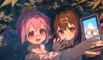 2girls absurdres aged_down ap04astral black_hair blue_hair blue_nails blush brown_eyes cellphone commentary grin gyaru hair_between_eyes hair_intakes hair_ornament hair_scrunchie hairclip hashtag-only_commentary highres holding holding_phone hozuki_kaede long_hair multicolored_hair multiple_girls nail_polish nose_blush onii-chan_wa_oshimai! open_mouth outdoors oyama_mihari phone pink_eyes pink_hair pink_nails purple_hair scrunchie shirt smartphone smile two-tone_hair white_shirt yellow_scrunchie