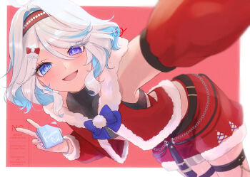 1girl :d absurdres ahoge bare_shoulders blue_bow blue_eyes blue_hair blue_nails blush border bow bracelet character_name christmas commentary_request crop_top detached_sleeves dutch_angle fur-trimmed_shorts fur-trimmed_vest fur_trim furina_(genshin_impact) genshin_impact hair_between_eyes hair_bow hair_ornament hairband hairclip heterochromia highres holding jewelry leaning_forward long_sleeves looking_at_viewer medium_hair multicolored_hair nail_polish netarou_(netarou_25) open_mouth outside_border purple_eyes red_background red_bow red_hairband red_shorts red_vest selfie shorts signature simple_background smile solo thigh_strap two-tone_hair v vest white_border white_hair