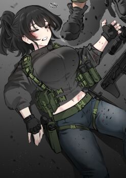 1girl 1other absurdres ammunition_pouch assault_rifle bandit-chan_(k0ng) belt black_boots black_eyes black_gloves black_hair boots bow brown_belt bullpup chest_rig clenched_teeth collared_jacket cropped_jacket dazed fingerless_gloves gloves grey_jacket grey_pants gun hair_bow handgun high_ponytail highres holster jacket k0ng long_hair lying motion_lines on_back on_ground original ots-14_groza pants parted_lips ponytail pouch rifle scope solo squiggle teeth thigh_holster uneven_eyes weapon