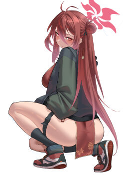 1girl absurdres blue_archive breasts china_dress chinese_clothes commentary_request dress from_behind green_jacket hair_bun halo hands_in_pockets highres jacket kumamiya looking_at_viewer medium_breasts red_dress red_eyes red_hair red_halo red_shoes reijo_(blue_archive) shoes simple_background single_hair_bun sneakers solo squatting white_background