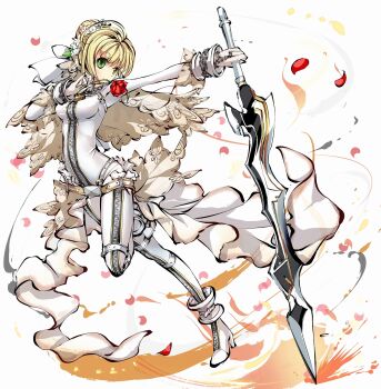 1girl ahoge belt blonde_hair bodysuit boots breasts capelet closed_mouth fate_(series) flower full_body green_eyes hair_bun hair_flower hair_ornament hair_ribbon highres himegami_kagura holding holding_flower holding_sword holding_weapon huge_weapon looking_at_viewer medium_breasts ms06s nero_claudius_(fate) official_art petals red_flower red_rose ribbon rose second-party_source simple_background smile solo standing standing_on_one_leg sword weapon white_background white_belt white_bodysuit white_boots white_capelet white_flower white_ribbon